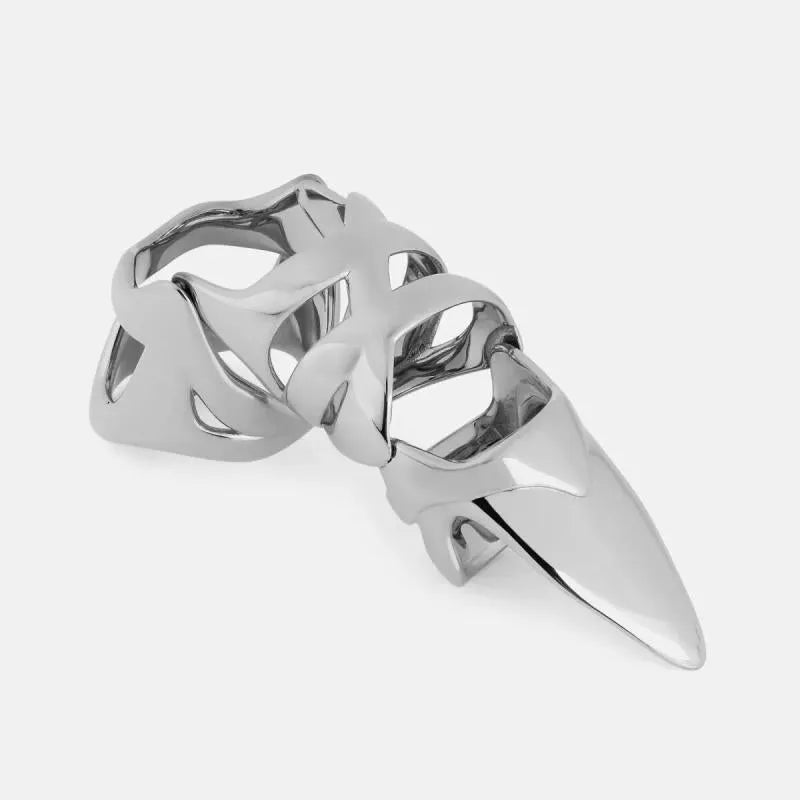 Silver alloy punk armour finger stall covering a knuckle.