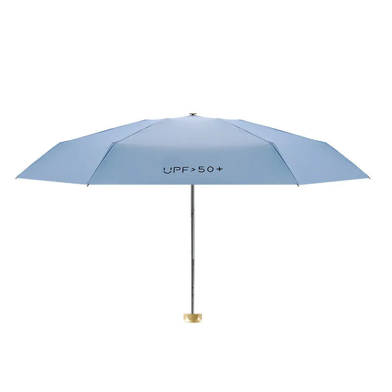 Closed five-fold compact pocket sun umbrella with a rubber handle, shown in a selection of available colours.