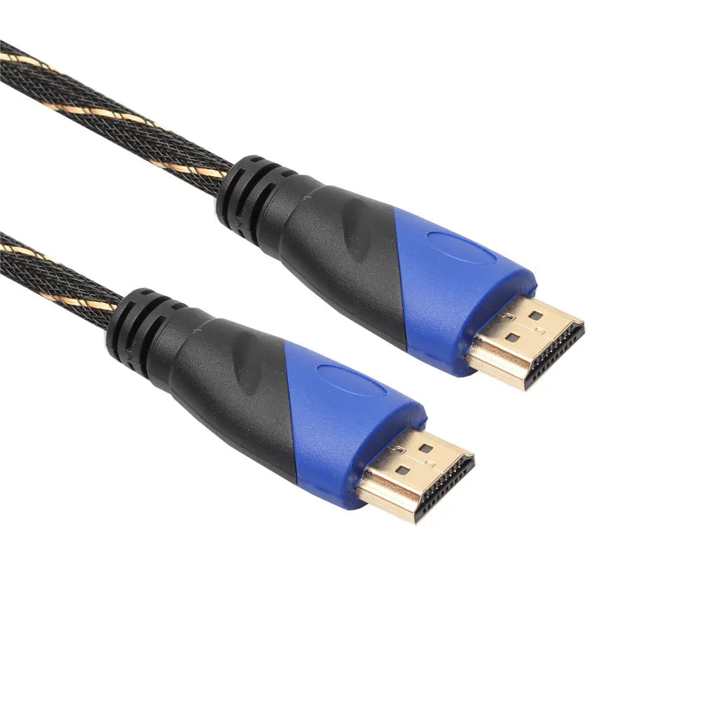 Black and gold male to male video cable with blue black head net and aluminium alloy core in multiple lengths