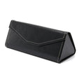 Handmade triangular folding glasses case in a PU cowhide pattern, shown closed and open next to a pair of full-rim frame glasses.