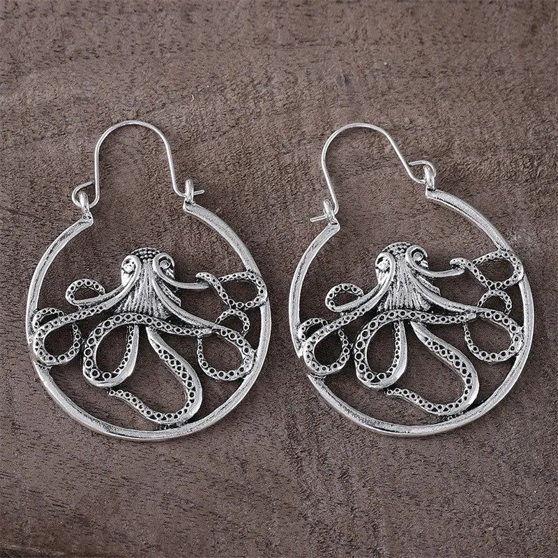 Antique silver octopus earrings with detailed animal zodiac design on zinc alloy