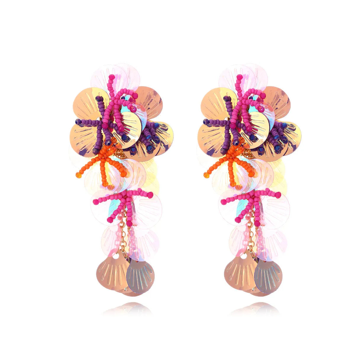 Handmade colourful flower and leaf earrings in an exaggerated dopamine style.