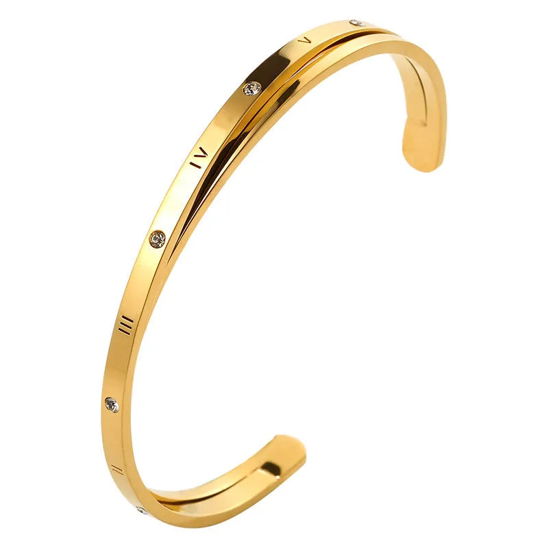 Stainless steel open-ended bracelet with zircon inlay in gold, rose, or steel colour options