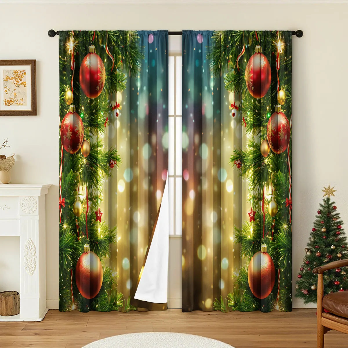 A pair of 3D digitally printed Christmas curtains with a festive European pattern hung on a window.