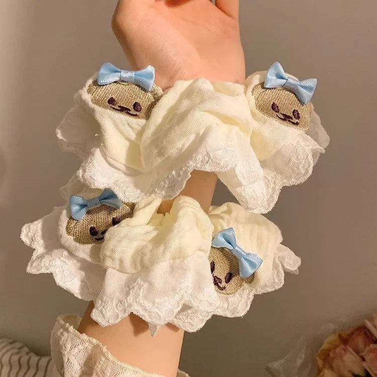 Bear blue bowknot lace large intestine hair ring made from high elasticity cloth material