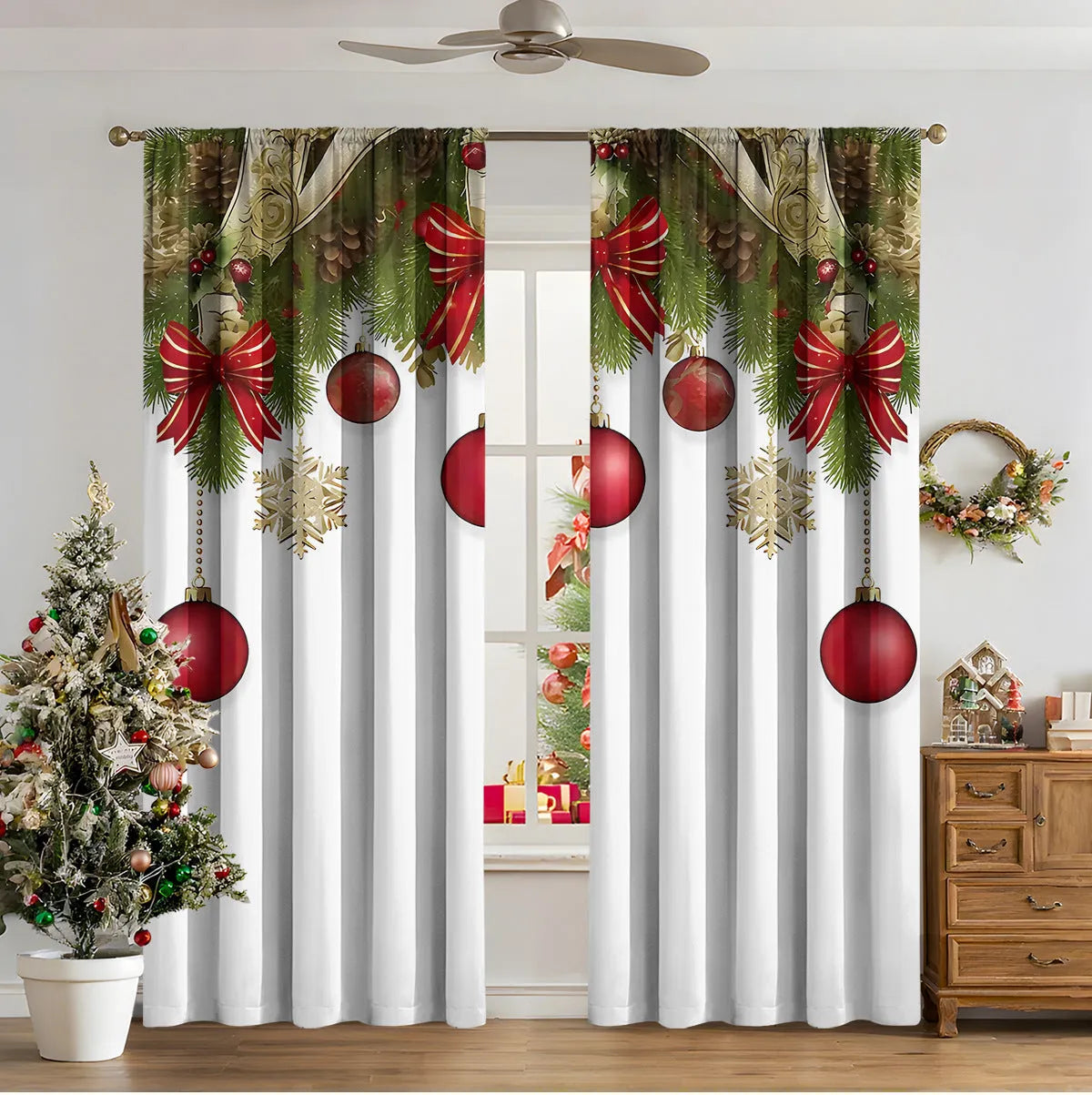 3D digitally printed Christmas curtain panel showing a modern European festive design, made from polyester fabric.