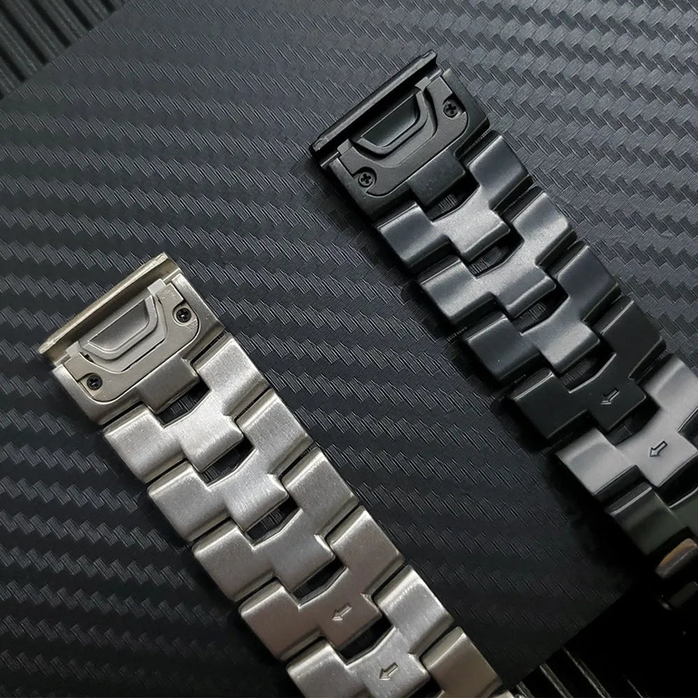 Silver metal replacement strap for Garmin Fenix Jiaming watch on grey background