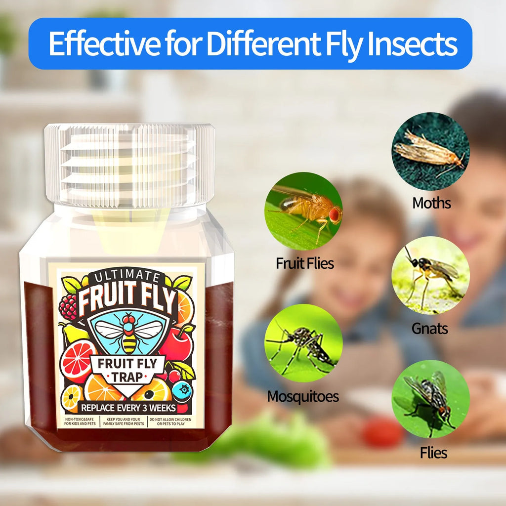 Clear plastic bottle of fruit fly trapper bait liquid with labelling showing specifications