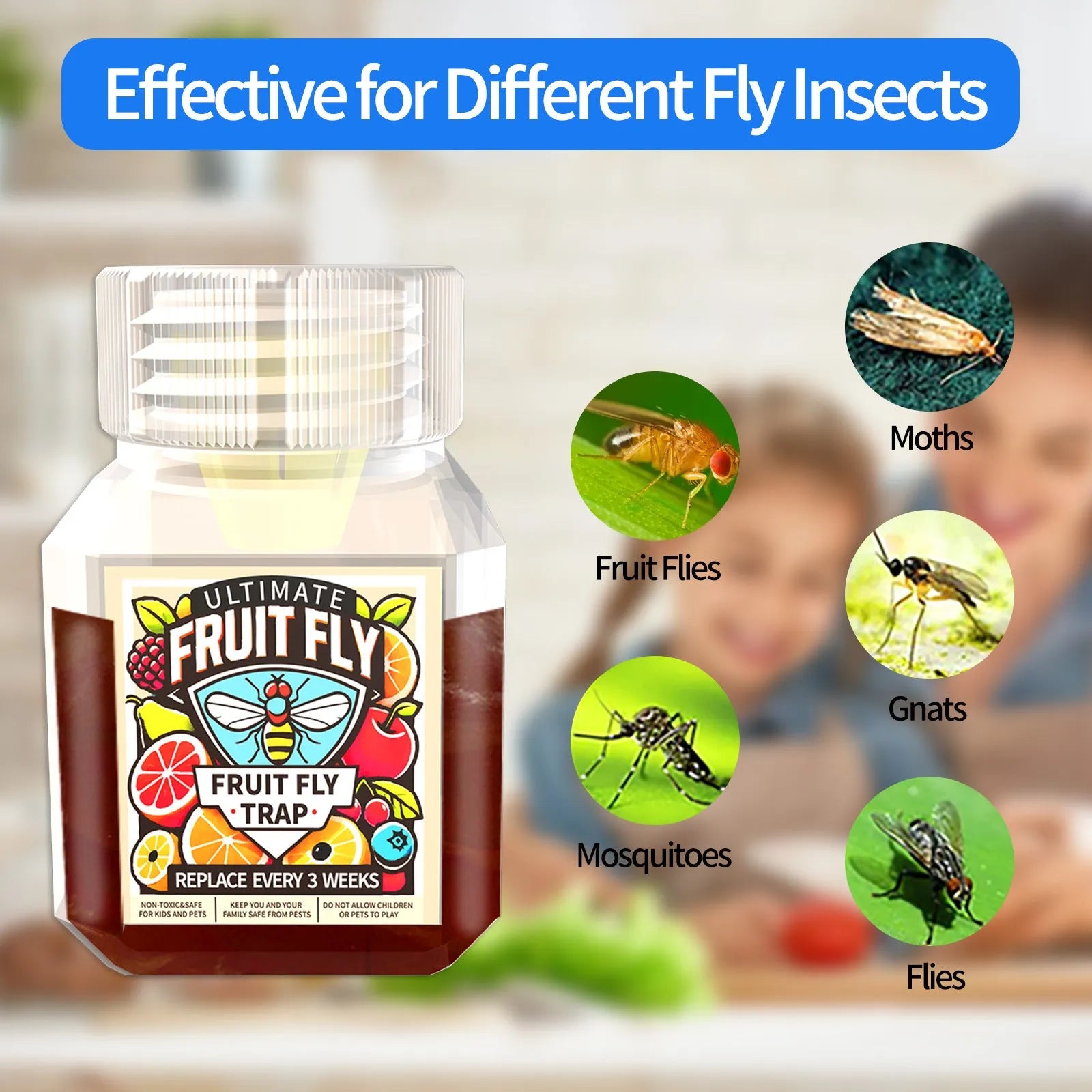 Clear plastic bottle of fruit fly trapper bait liquid with labelling showing specifications