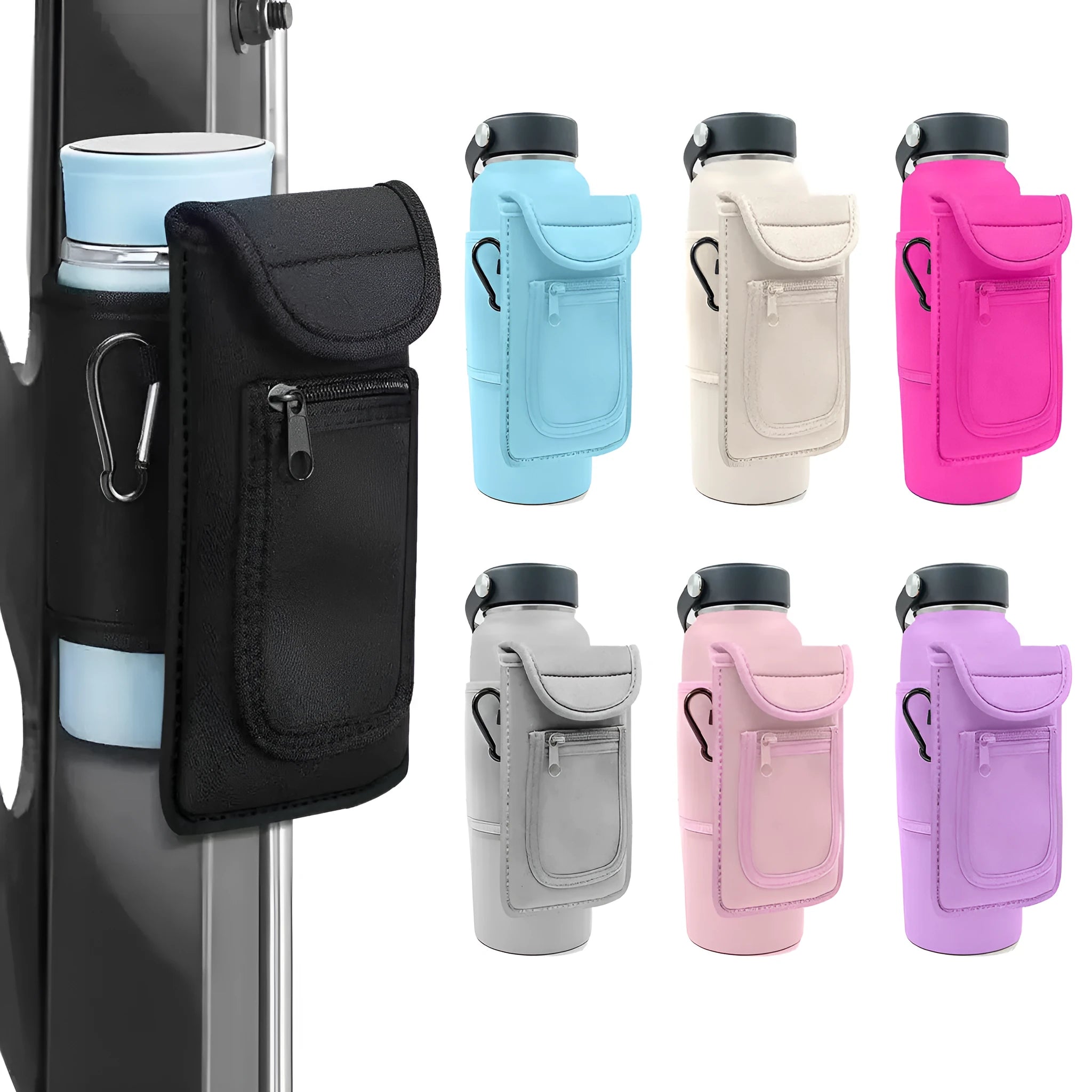 Fitness magnetic cup sleeve covering a large sports bottle with a carabiner clip attached.