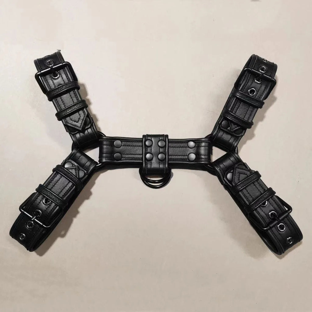 Black leather chest bondage strap with metal buckle for adult male costume use