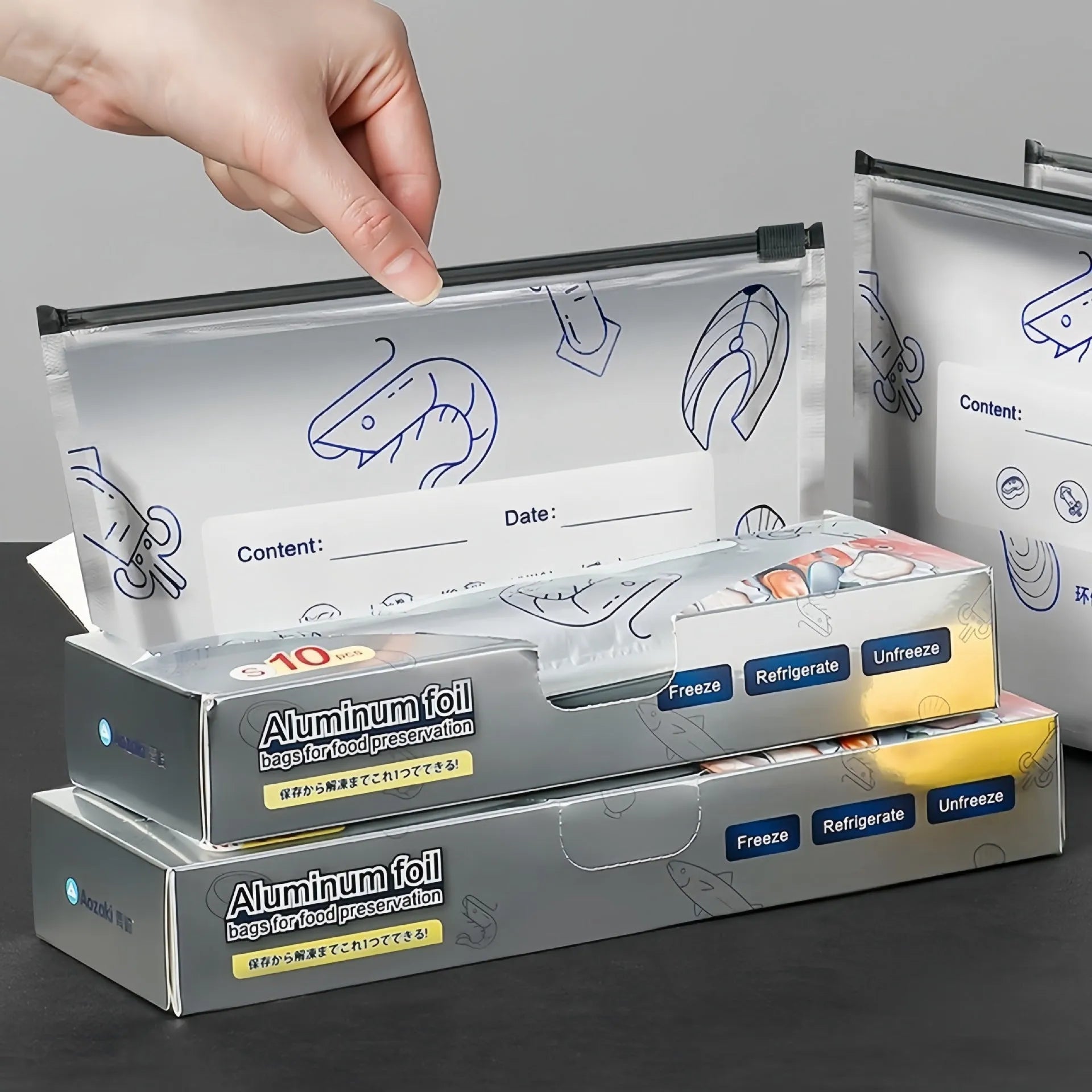 Aluminium foil resealable fresh-keeping bags in three sizes with temperature resistance