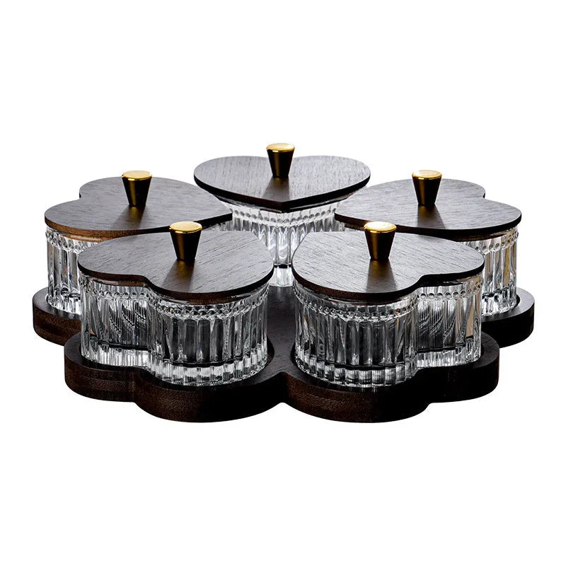 Transparent glass snack tray with heart-shaped lid and multiple grids for hotel foot bath service