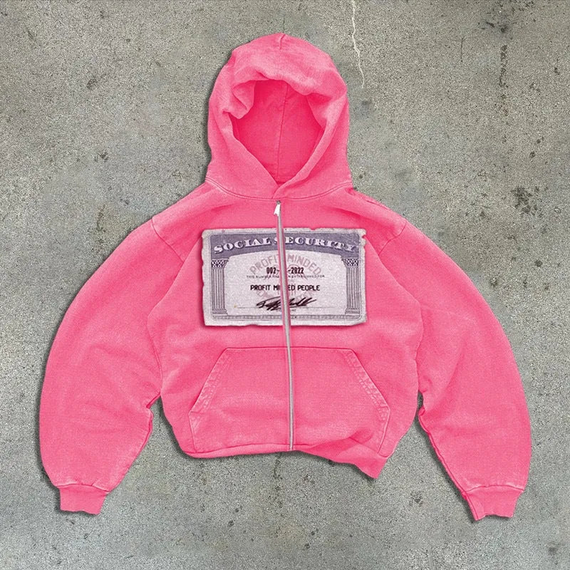 Unisex loose fit hoodie jacket with front letter pattern design in black, grey, or pink colours