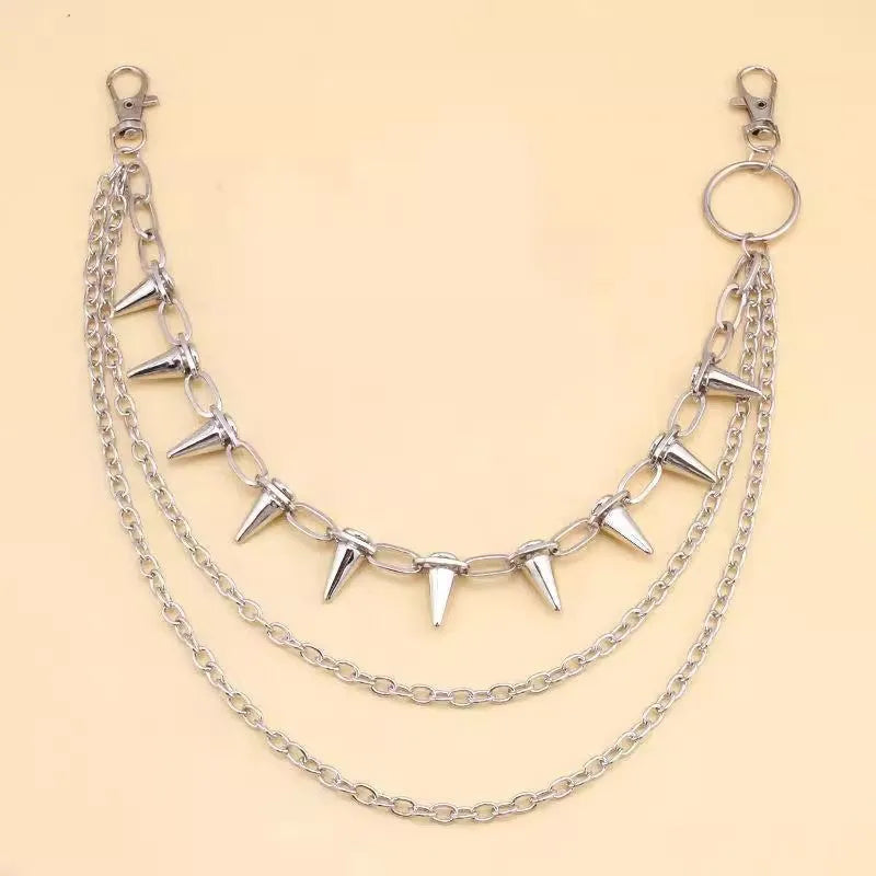 Silver metal waist chain with punk rivets and zipper decoration measuring 115cm length