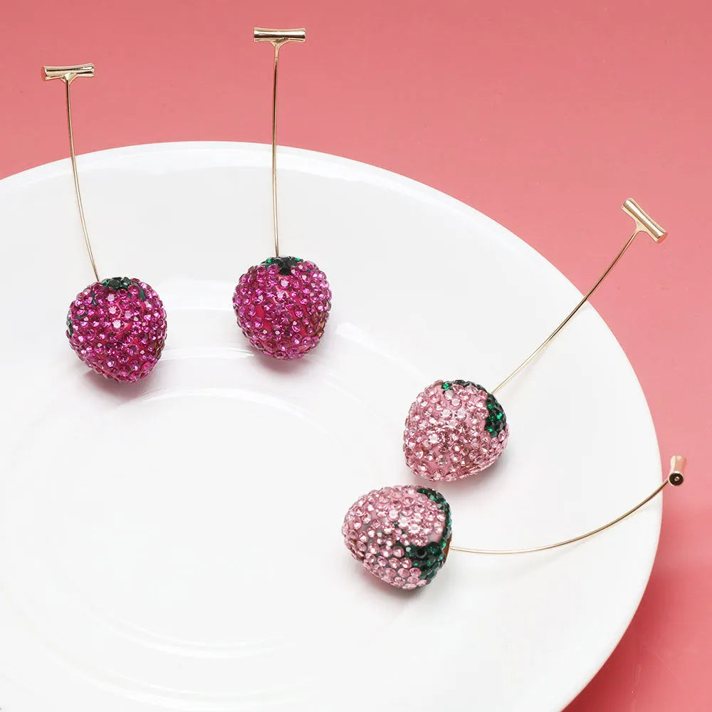Zinc alloy strawberry stud earrings with geometric spot drill design in six colour variations