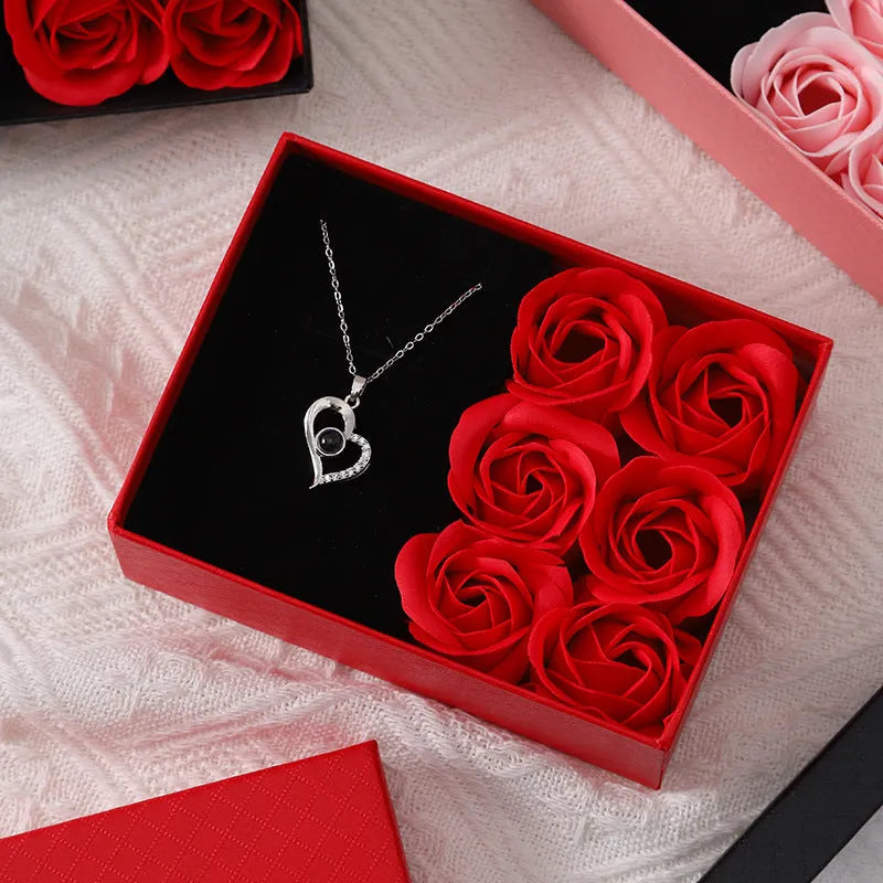 Korean style red soap flower gift set in box with handbag, six sculpted flowers inside.