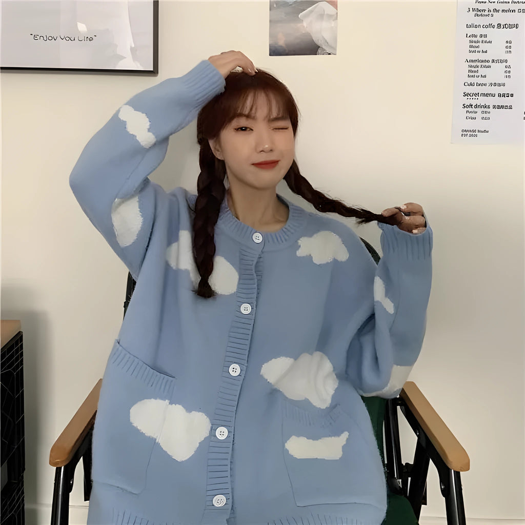 Blue cloud pattern women's spandex cardigan sweater coat, loose fit, shown open.