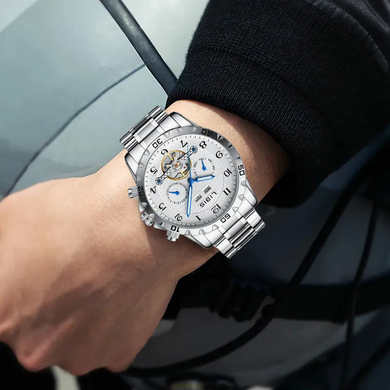 Men's silver automatic perpetual calendar watch with stainless steel strap and sapphire crystal glass