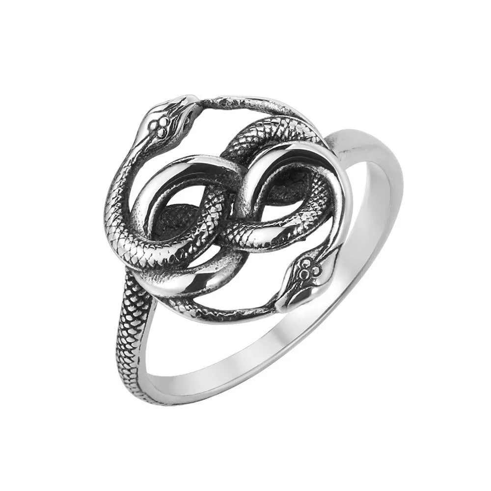 Retro titanium steel double snake ring in cold wind steel colour showing detailed serpent design