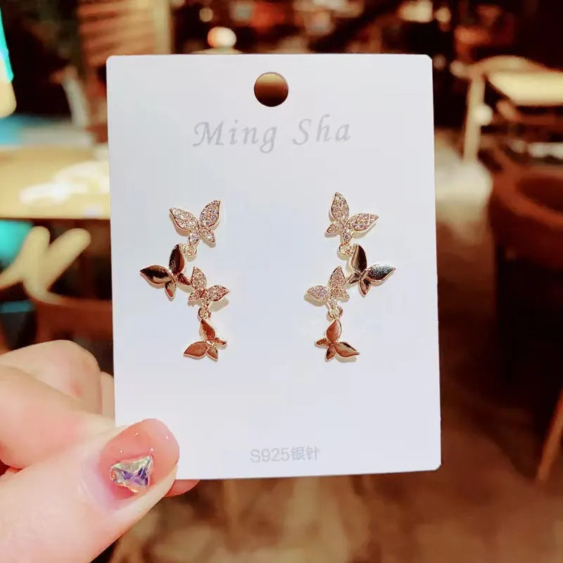 Women's gold four butterfly copper drop earrings natural style jewellery