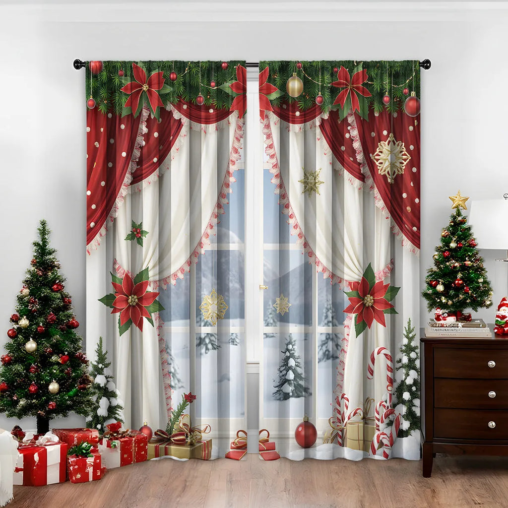 A pair of 3D digitally printed Christmas curtains with a festive European pattern hung on a window.
