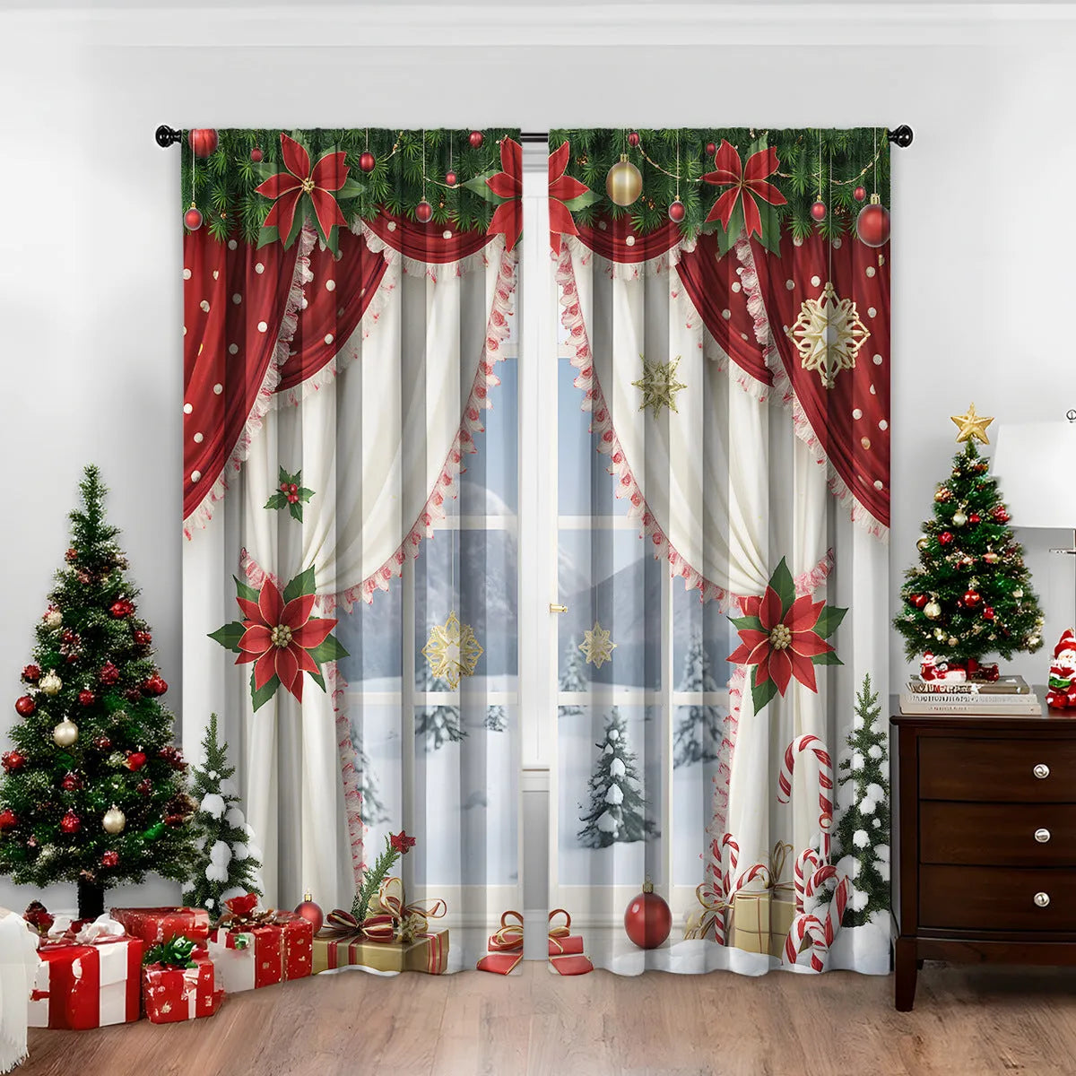 A pair of 3D digitally printed Christmas curtains with a festive European pattern hung on a window.