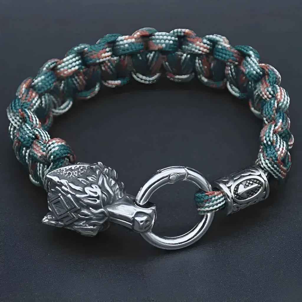 Handmade stainless steel Luen wolf head bracelet in camouflage colour showing size options.