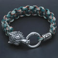 Handmade stainless steel Luen wolf head bracelet in camouflage colour showing size options.