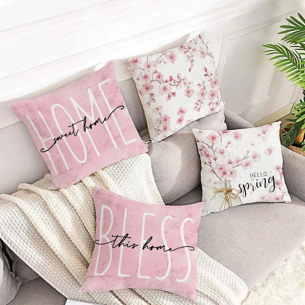 Square short velvet cushion cover with cherry blossom and letter print, 45cm size.