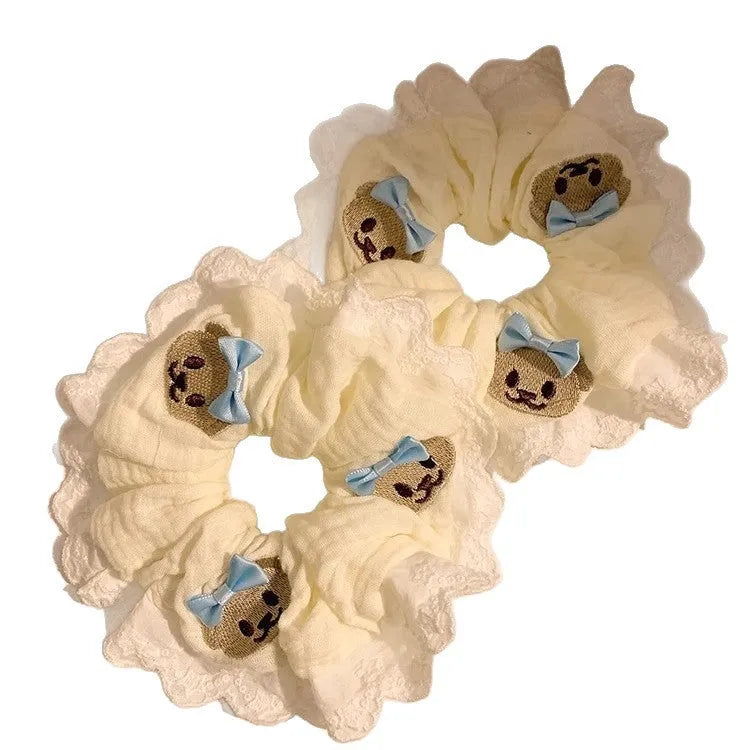Bear blue bowknot lace large intestine hair ring made from high elasticity cloth material