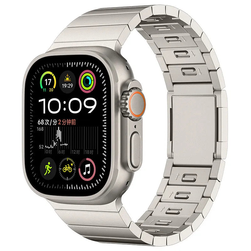 Silver stainless steel magnetic buckle replacement strap for Apple Watch on a wrist