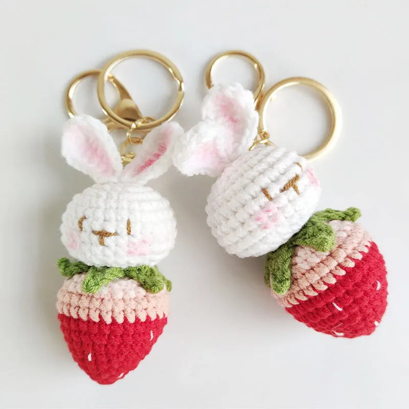 Hand-woven white rabbit strawberry pendant made from doll wire with attachment key