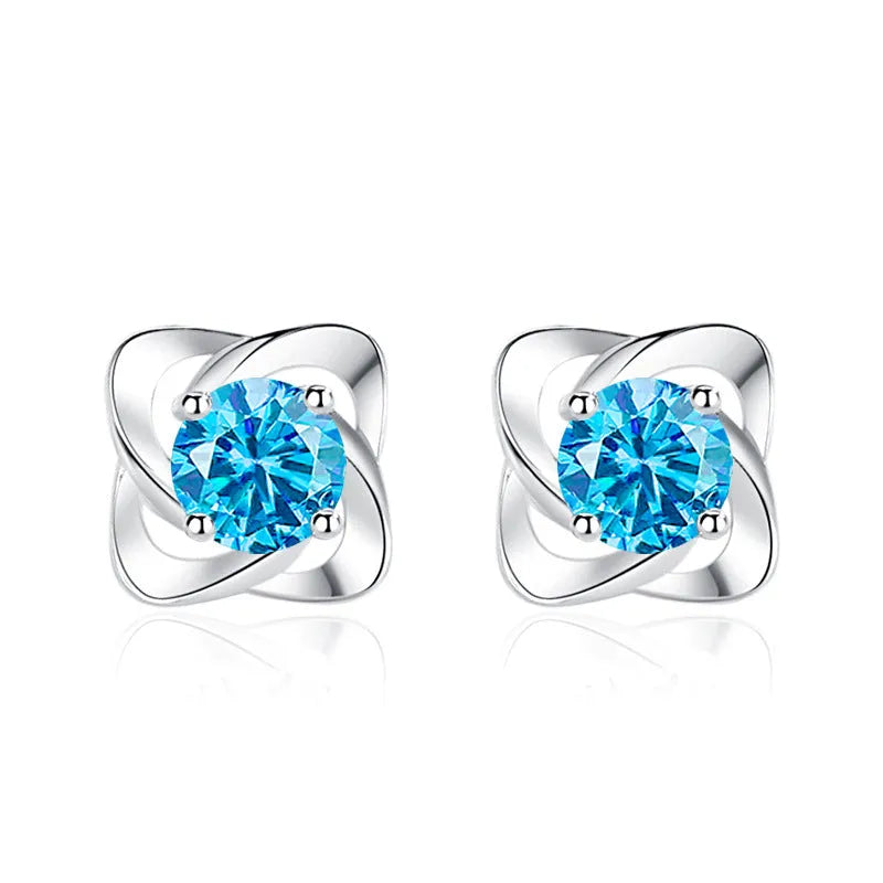 Female creative S999 pure silver four leaf clover ear stud with blue diamond and plastic ear plug