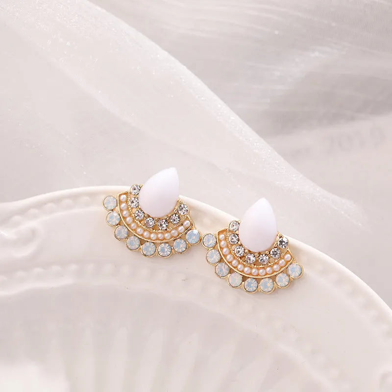 Women's sterling silver retro fan-shaped needle opal rhinestone earrings