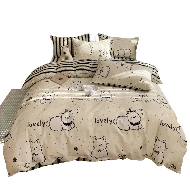 Cartoon dog pattern pure cotton four-piece bedding set shown on bed with multiple size options