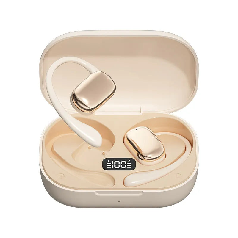 Ear-mounted wireless headphones with digital display screen in black, skin colour, or white