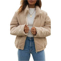 Apricot-coloured women's corduroy jacket with a stand collar and front zip, shown on a hanger.