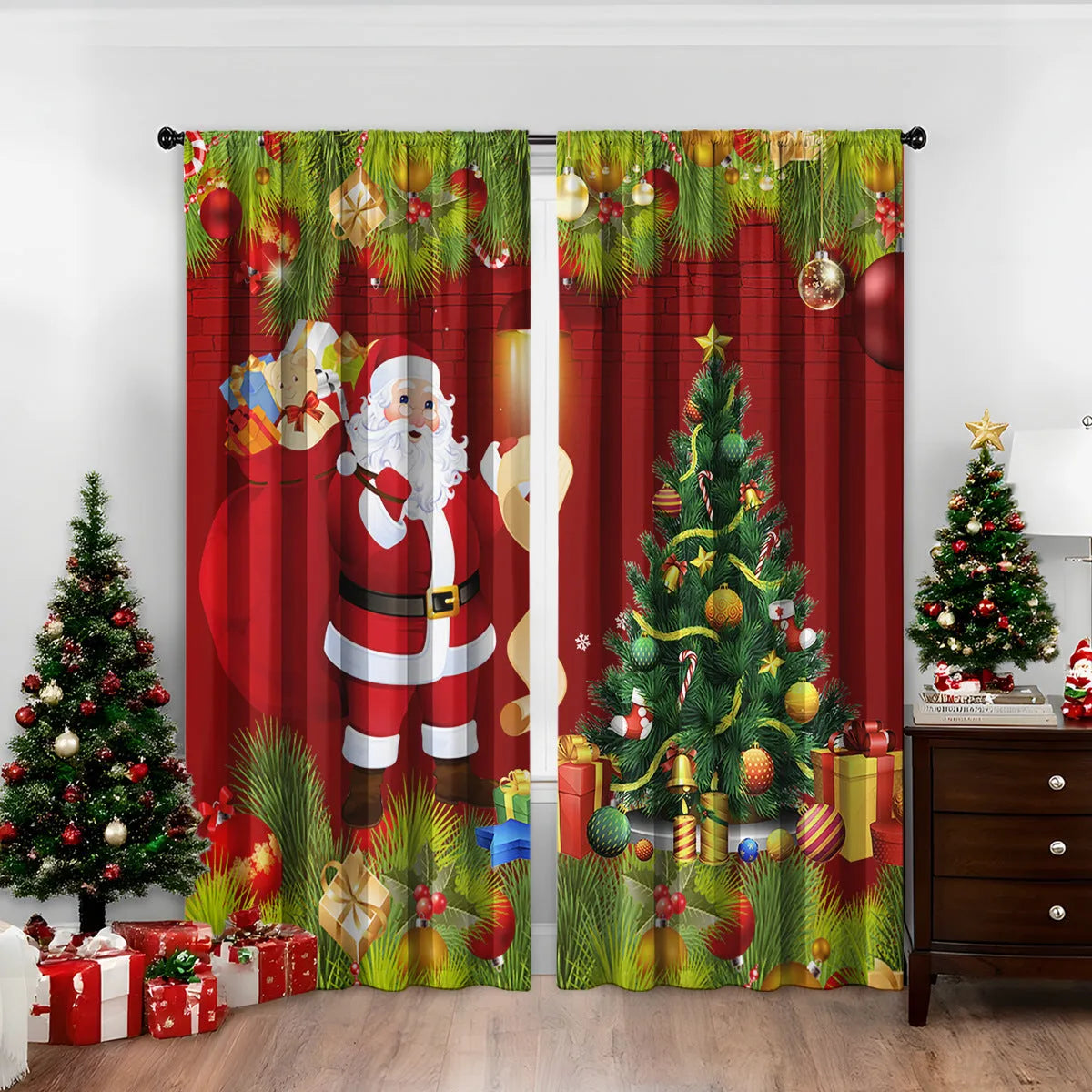 3D digitally printed Christmas curtain panel showing a modern European festive design, made from polyester fabric.