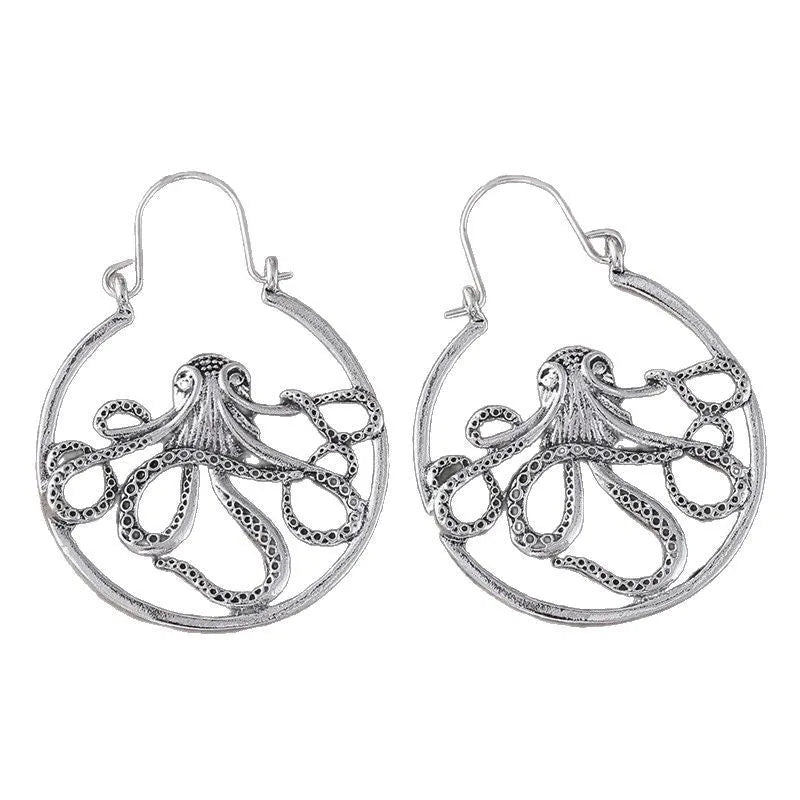 Antique silver octopus earrings with detailed animal zodiac design on zinc alloy