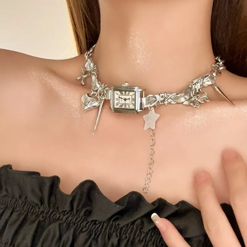 Dark multi-layer women's necklace with cross pendant and twin adjustable clavicle chains