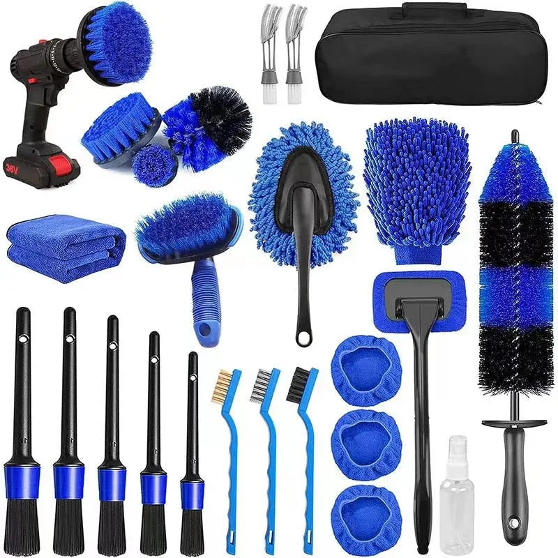 26-piece car cleaning brush kit with various PP bristle brushes for tyre and interior detailing