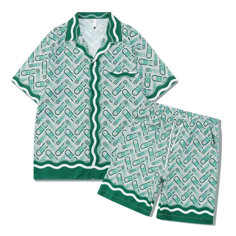 Men's plaid print beach shirt and shorts outfit set on a mannequin showing coordinated summer wear