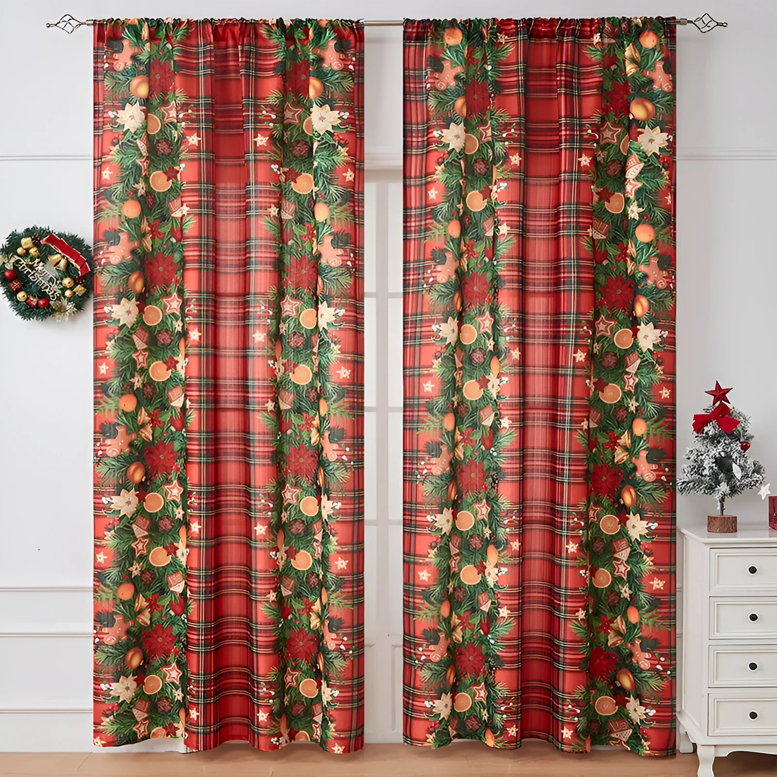 Rectangular printed Christmas curtain with semi-sunshade fabric on a window.