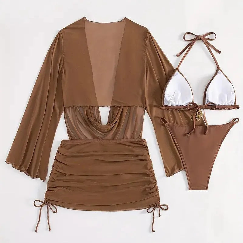 Dark brown women's lace-up bikini set with backless design on a mannequin