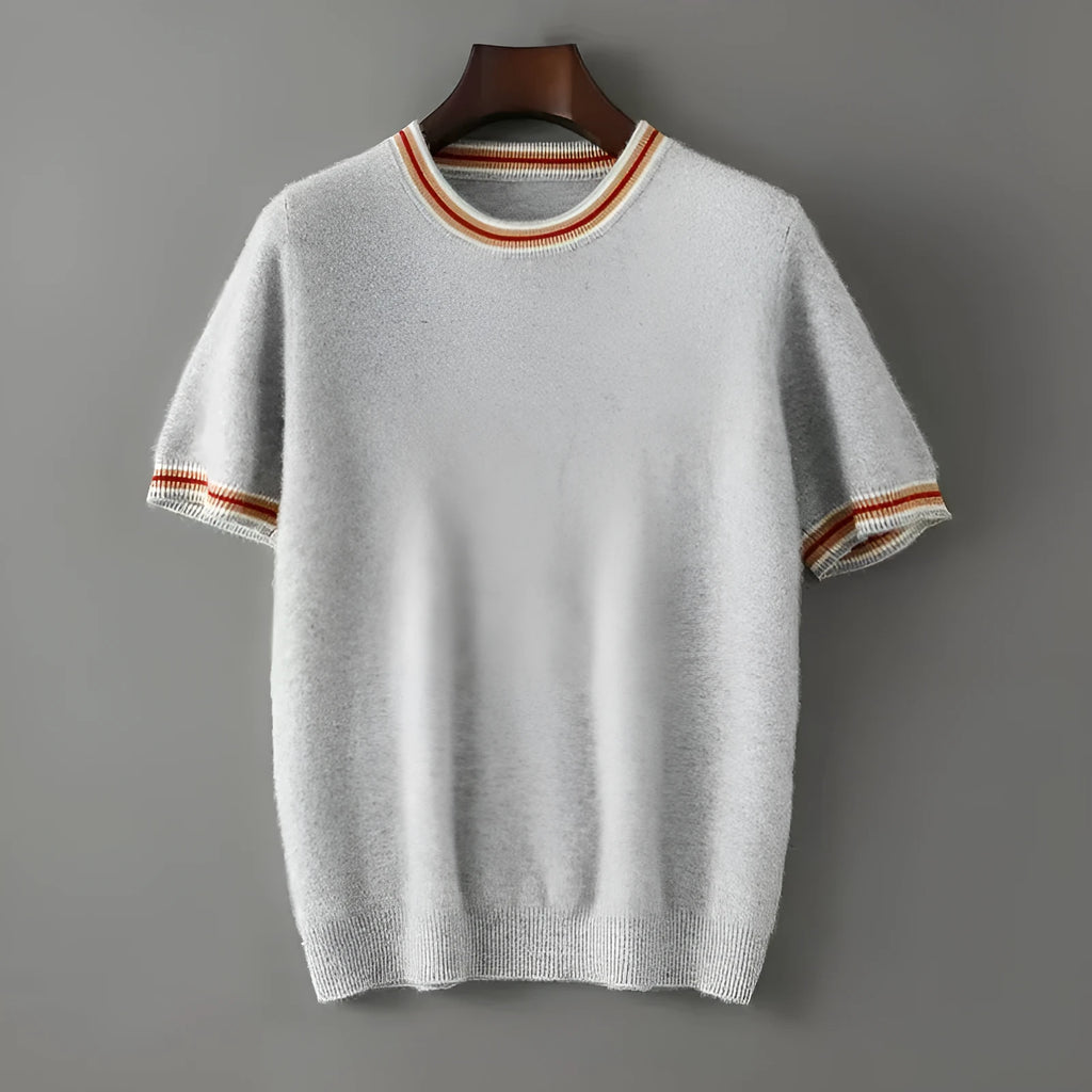 Men's short sleeve wool sweater in round neck pullover style, available in white, grey and black