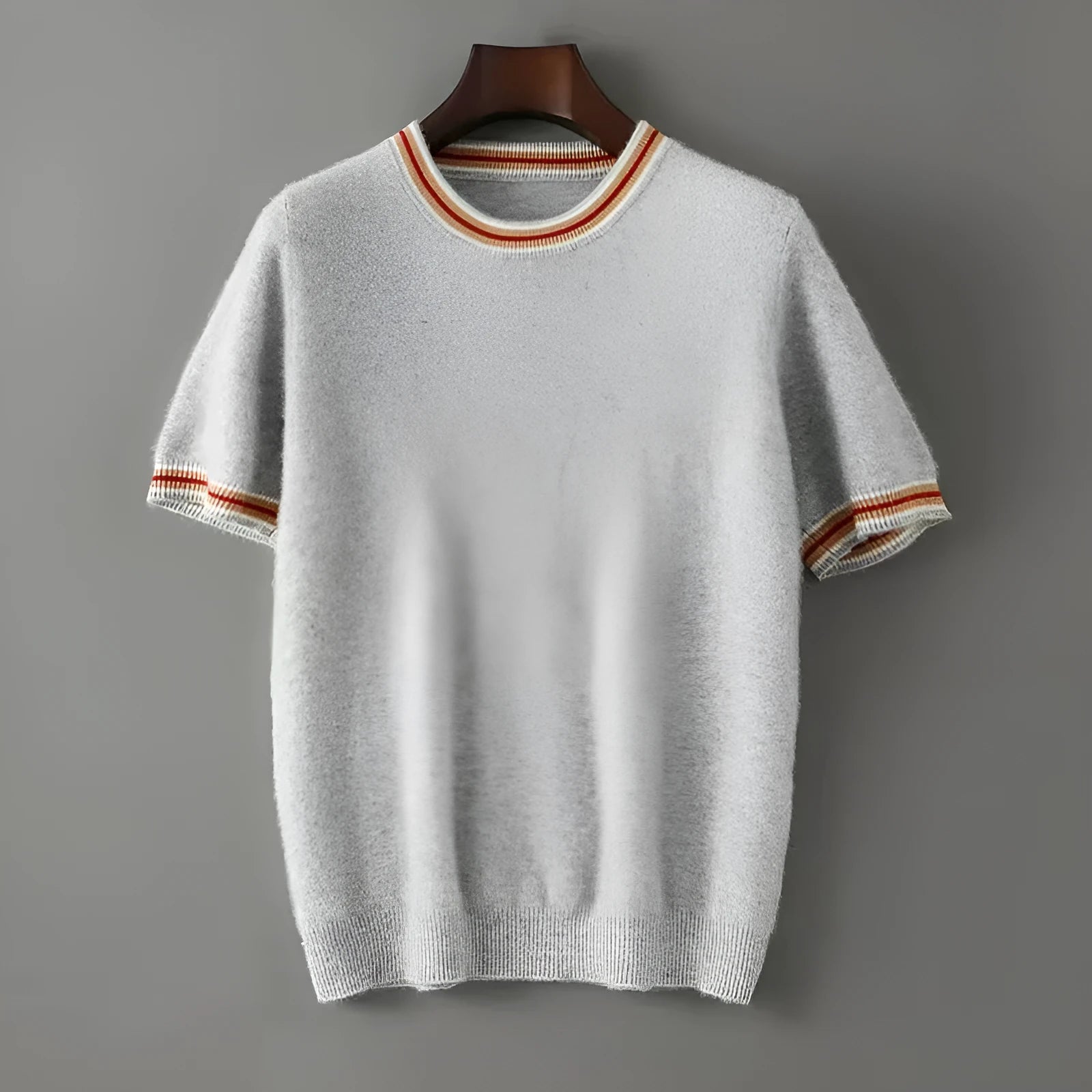 Men's short sleeve wool sweater in round neck pullover style, available in white, grey and black