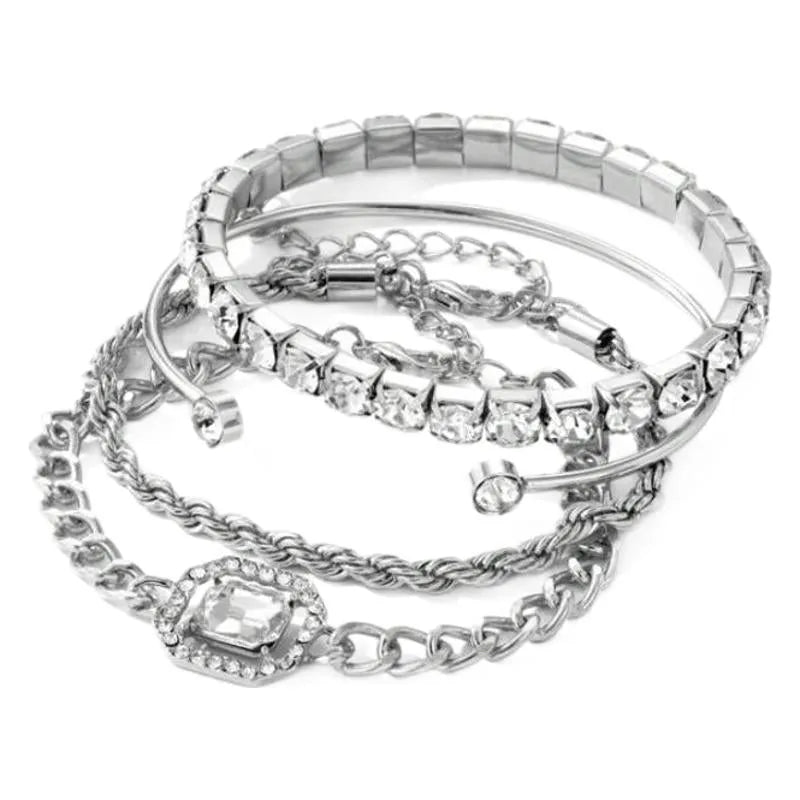 Retro style four-piece alloy bracelet set with geometric square diamond design in gold or silver finish