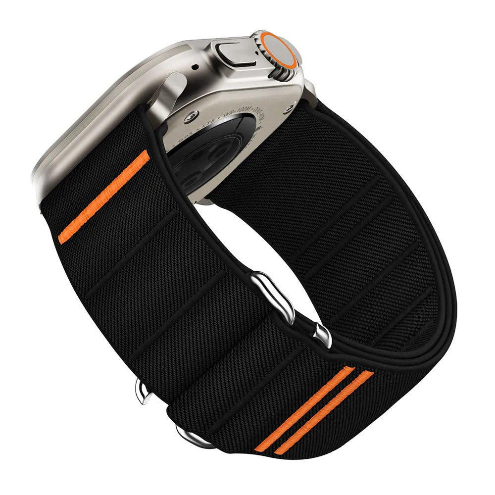 Elastic nylon Apple Watch replacement strap with stainless steel buckle shown in multiple colour options