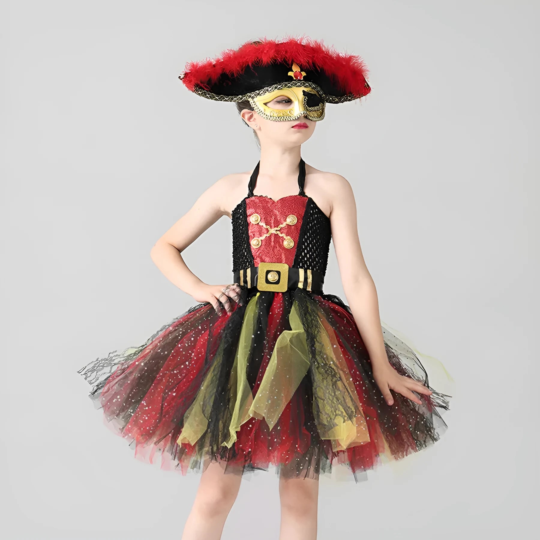 Halloween pirate costume dress for girls with sequins, gauze mesh, and lace trim, Pirates of the Caribbean themed.